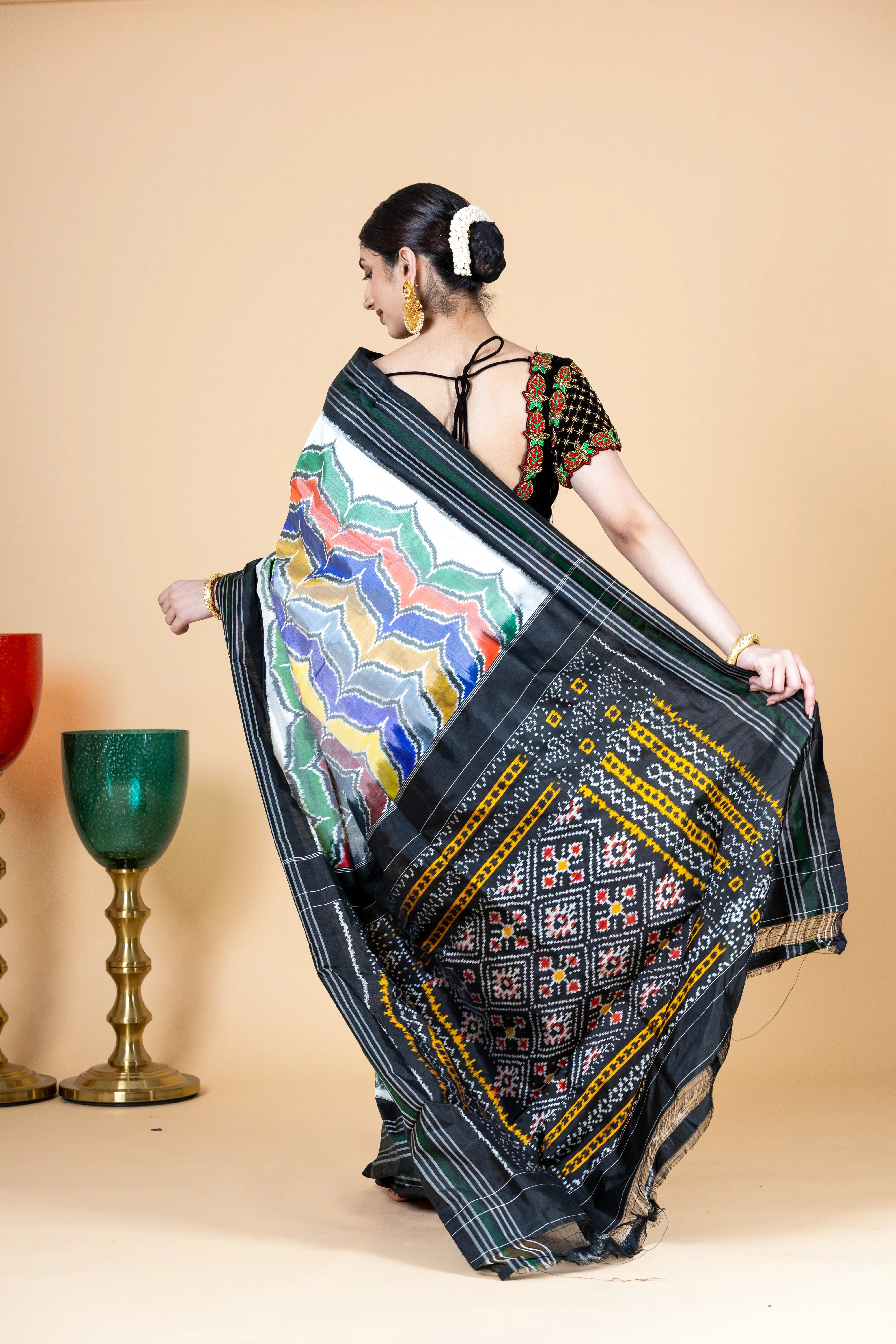 Multi Color Pattern White Pochampally Saree With Black Border With Beautiful Line Detailing